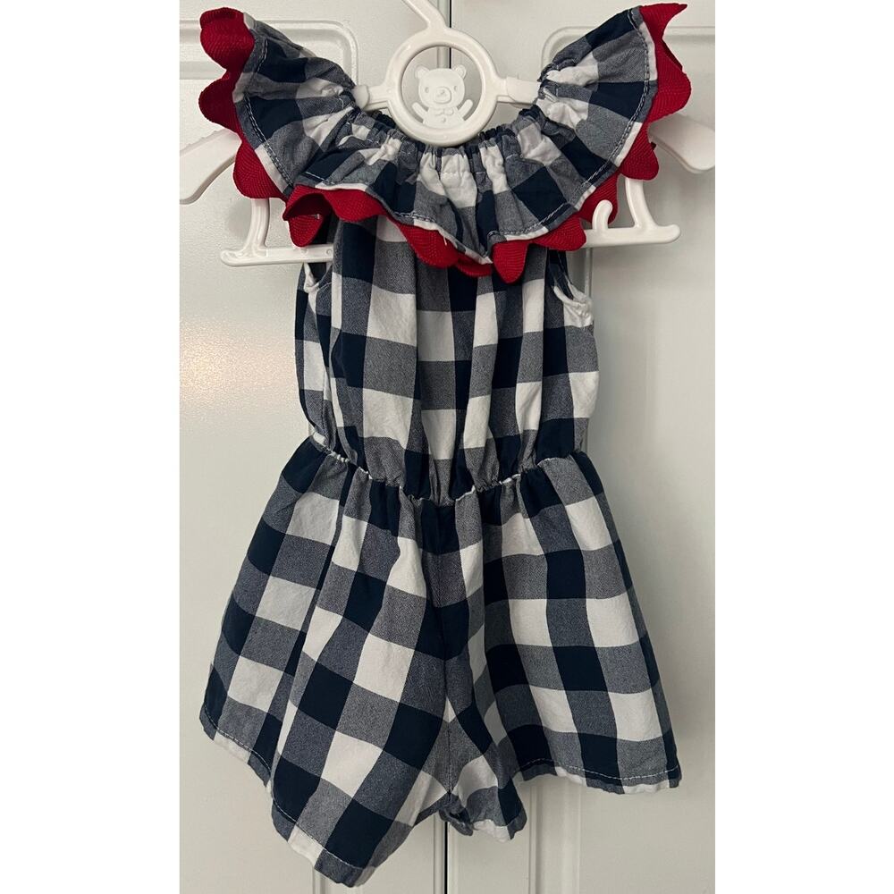 Caught Ya Lookin' Infant Romper Blue/White Gingham Ruffle Neckline Size 2T
